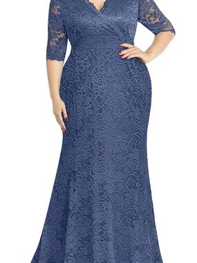 Pinup Fashion Elegant Navy Lace Maxi Dress with V-Neck Size 18W